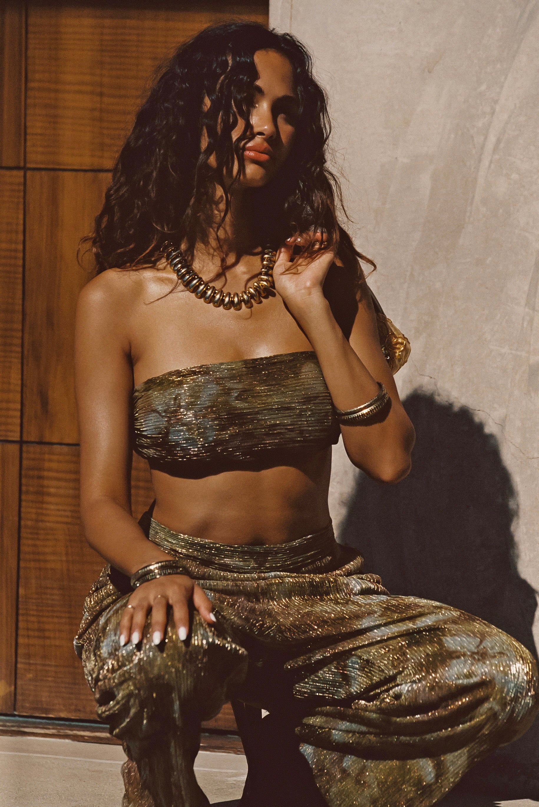 Kaia Moss Metallic Floral Strapless Top