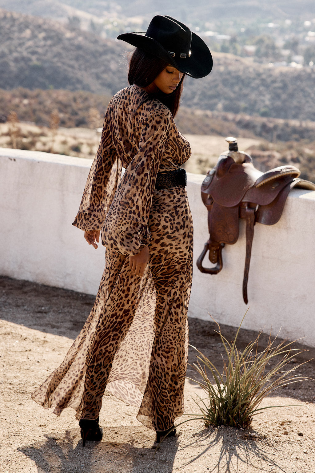 Karmen Leopard Plunge Long Sleeve Maxi Dress