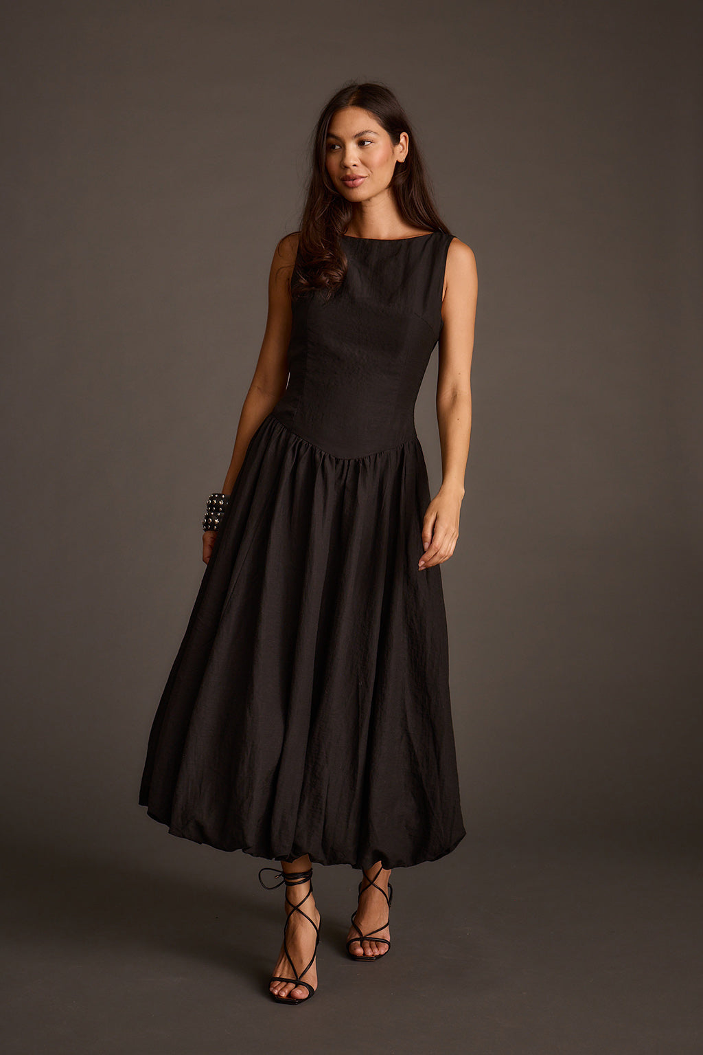 black midi dress drop waist Kate Bubble Hem i - S Size - Women's Dresses TEES-TOPS-PROMO Brunette Woman in Red Color:Deep Purple-Violet The gathered dropped