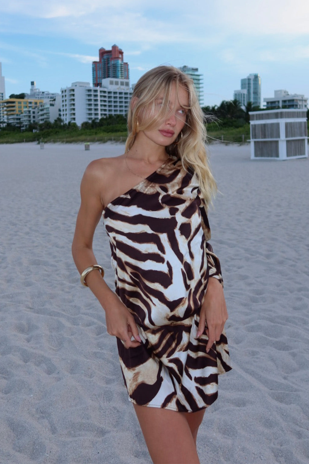 Kiki Zebra One Shoulder Micro Mini Dress