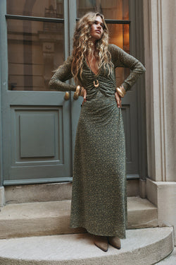 Kristin Olive Ditsy Floral Mesh Maxi Dress