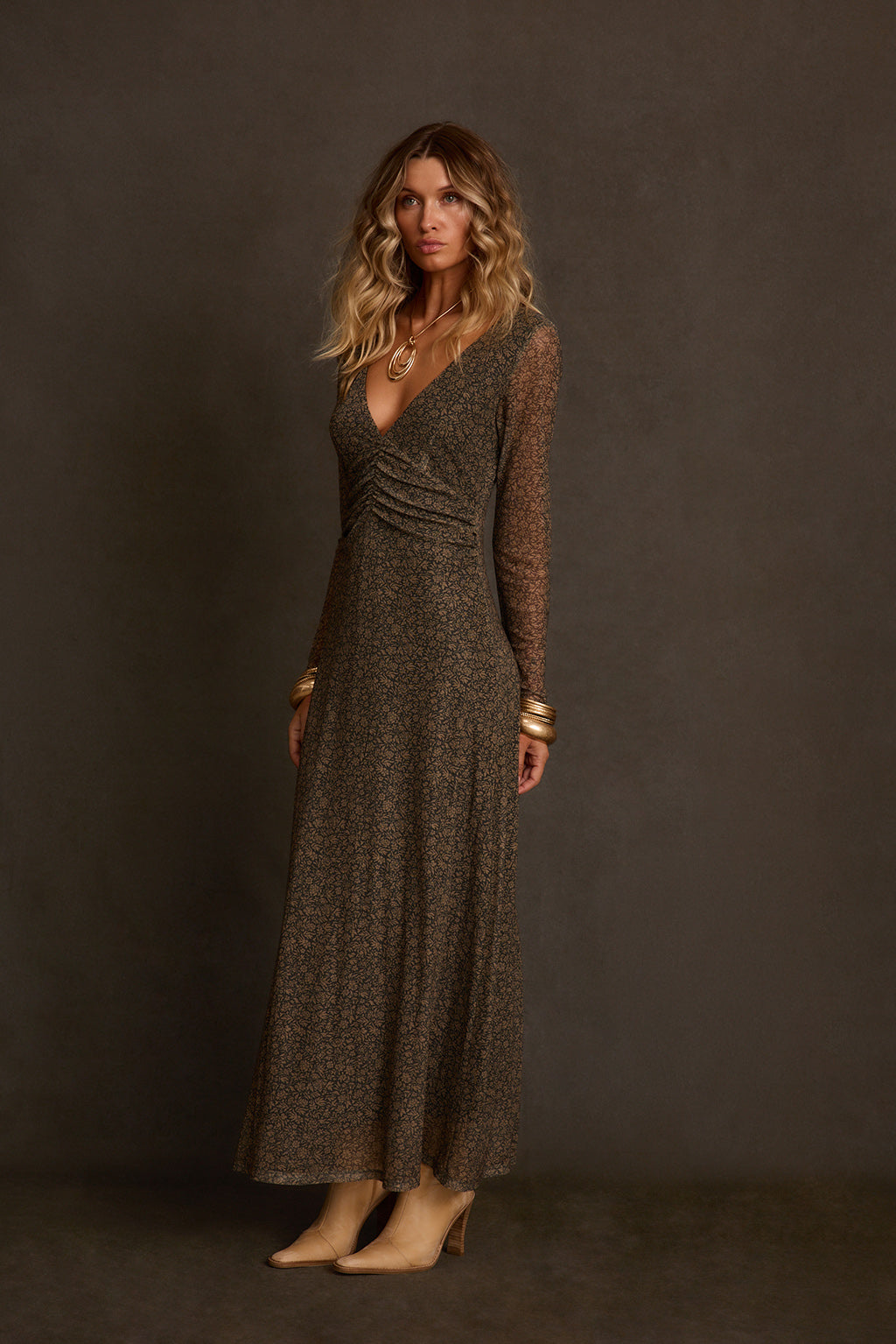 Floral maxi dress detail of olive ditsy print pattern on sheer mesh fabric