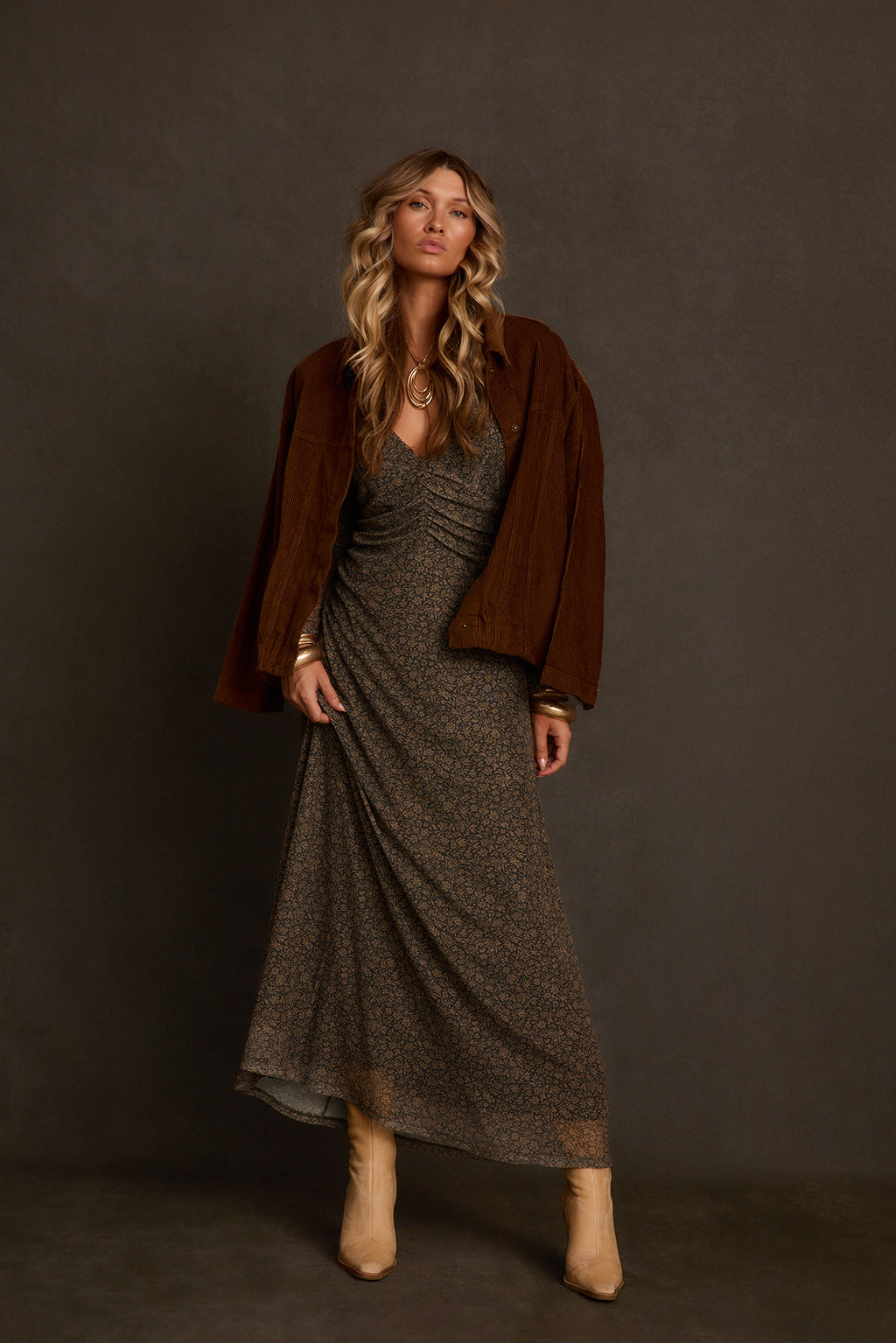 Fall maxi dress close-up of ruched bodice, deep V neckline, and ditsy floral mesh print