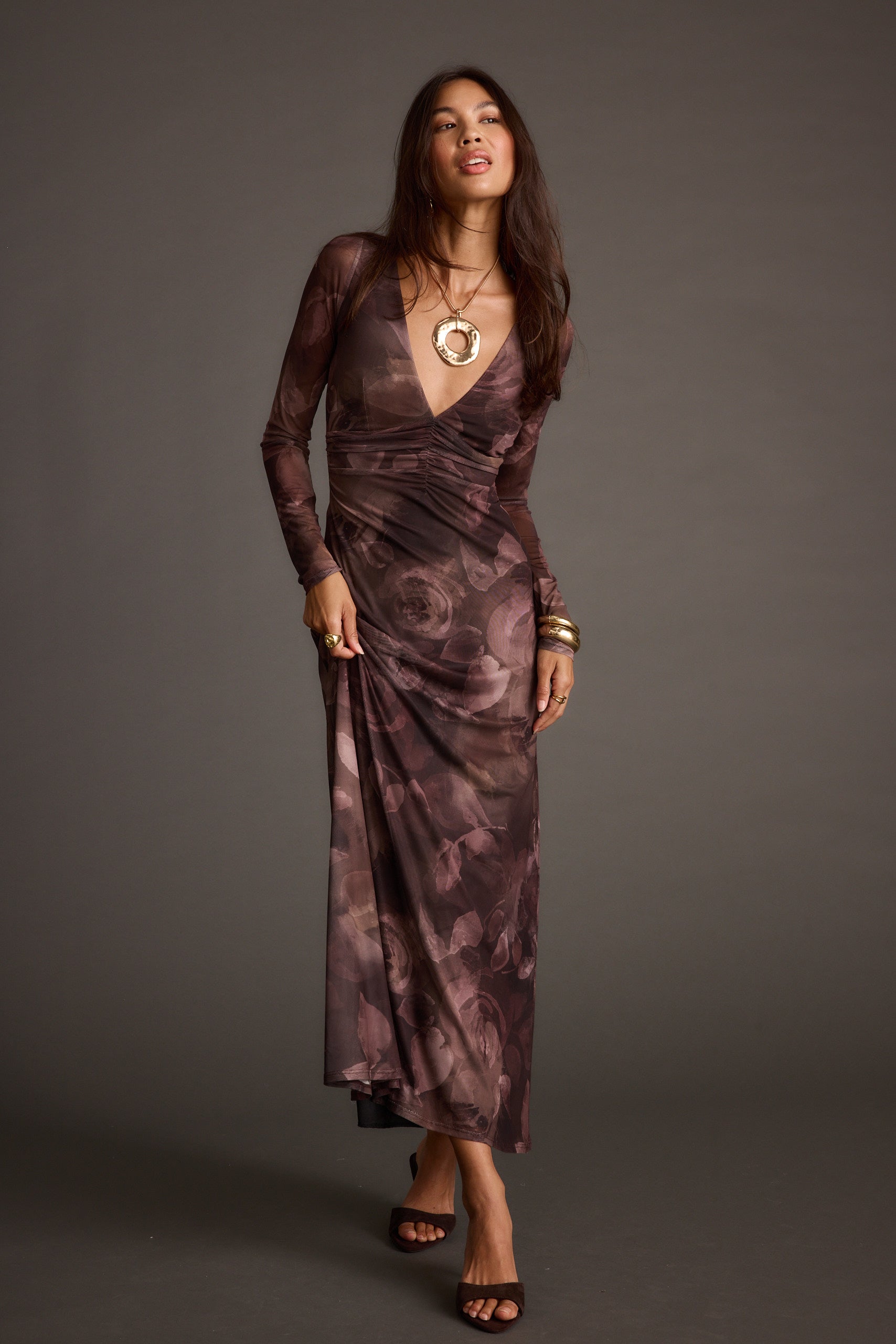 Kristin Plum Blur Mesh Maxi Dress