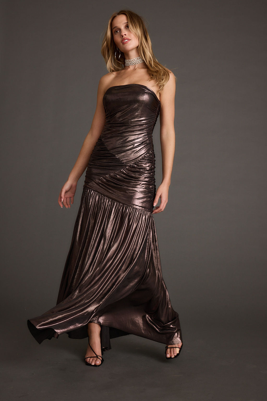 LaBelle Gunmetal Metallic Drop Waist Maxi Dress styled in a complete look from an alternate angle.