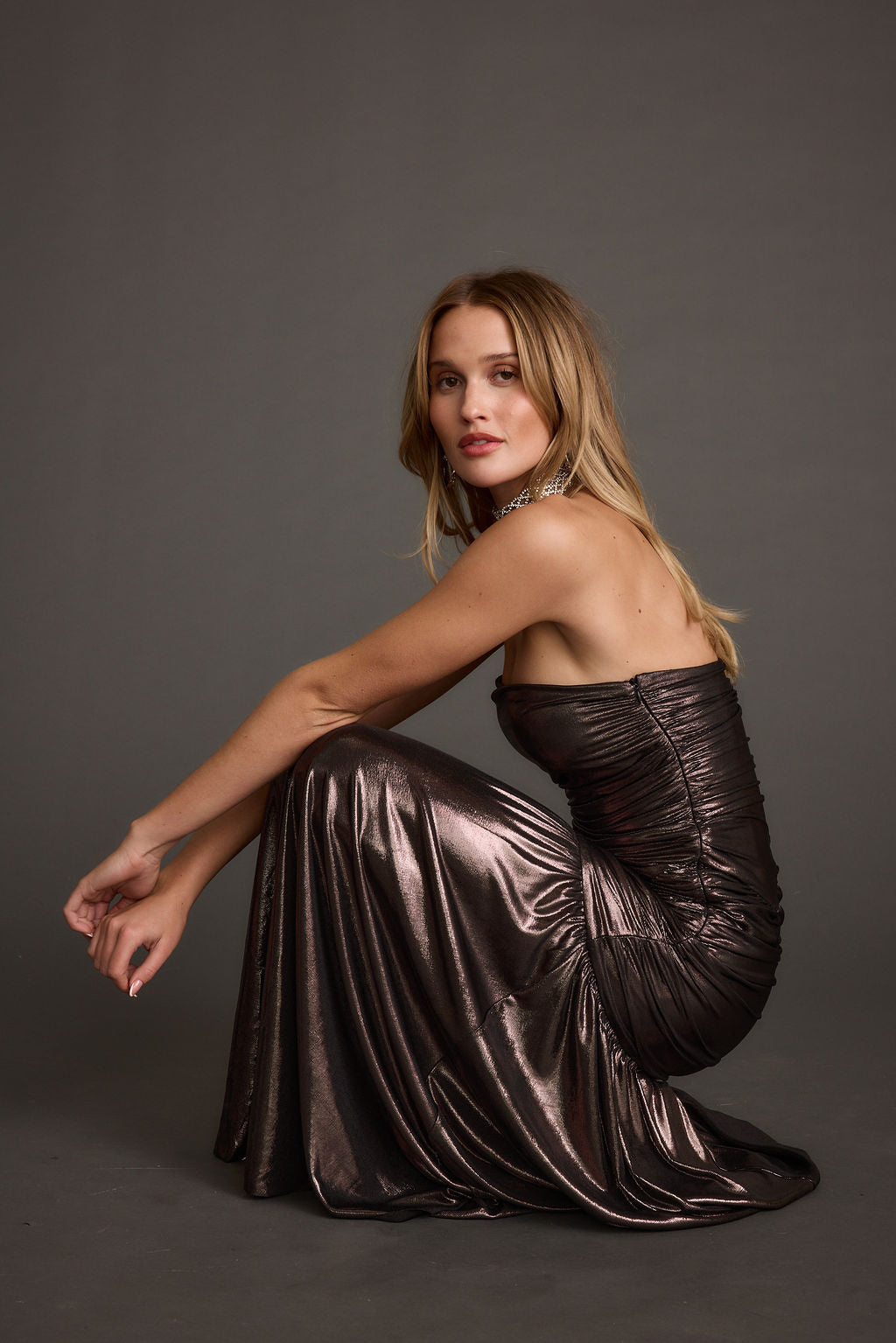 LaBelle Gunmetal Metallic Drop Waist Maxi Dress paired with complementary accessories for a polished look.