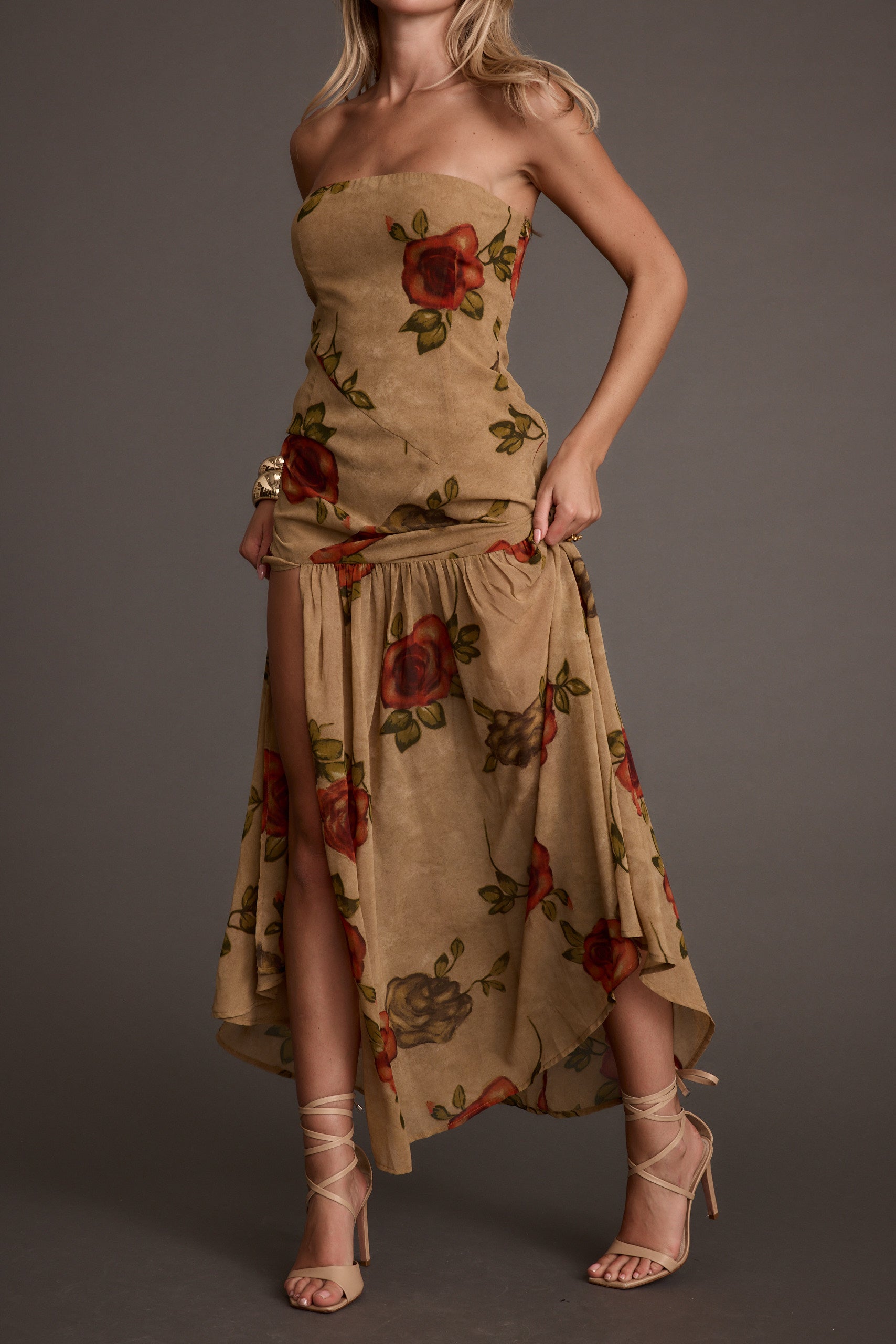 LaBelle Tan Floral Drop Waist Maxi Dress