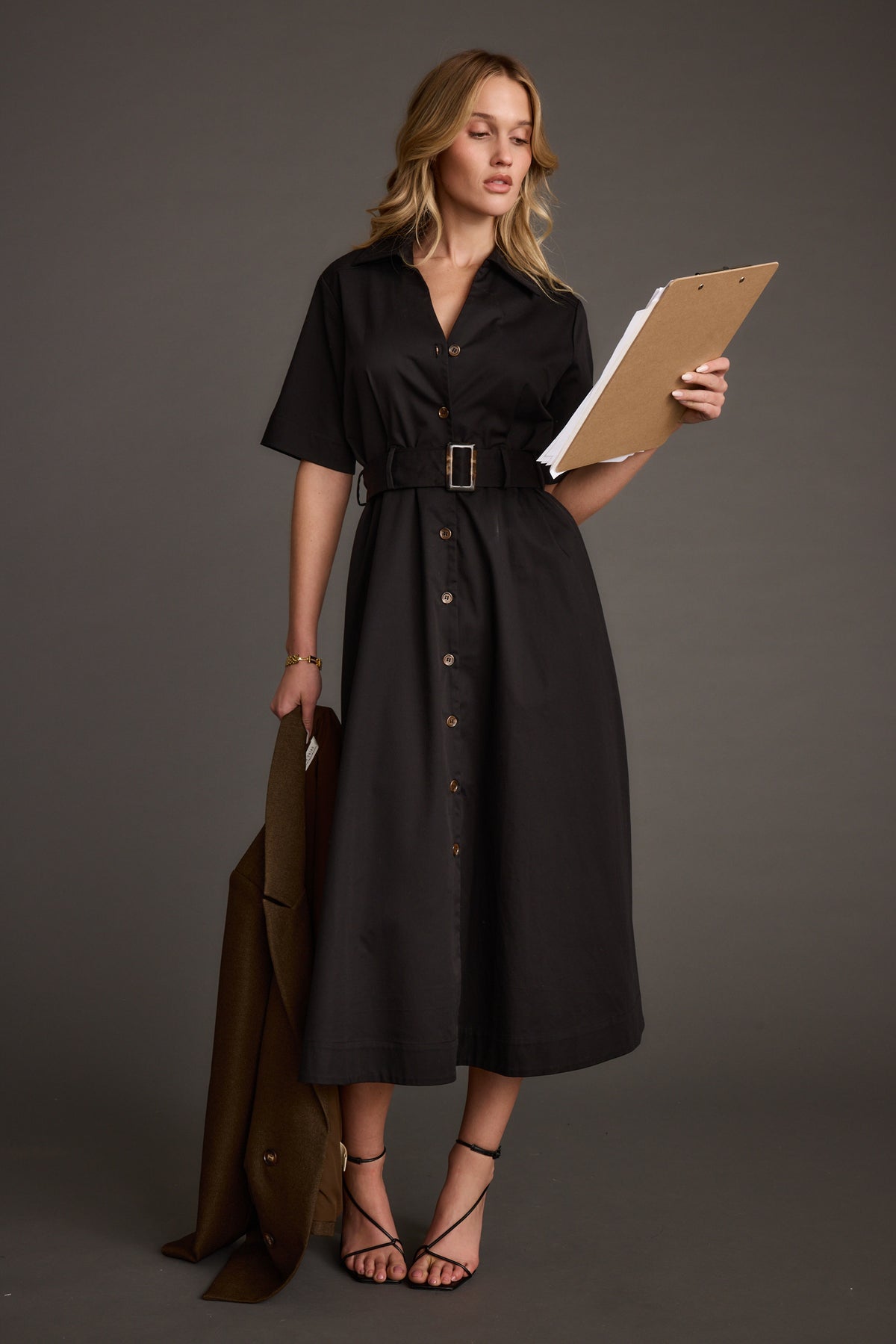 Leena Black Button Front Belted Midi Dress – 12th Tribe