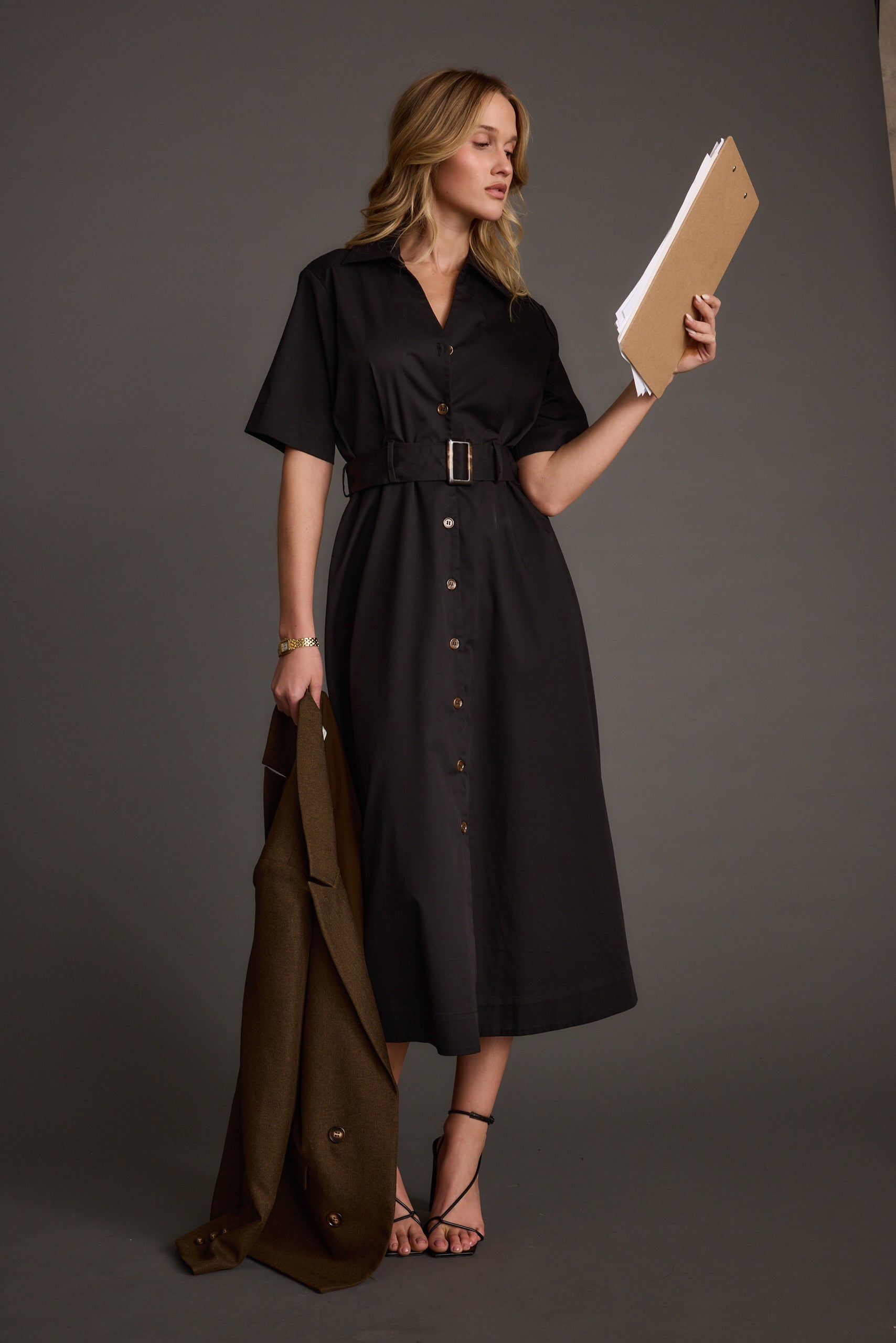 Leena Black Button Front Belted Midi Dress