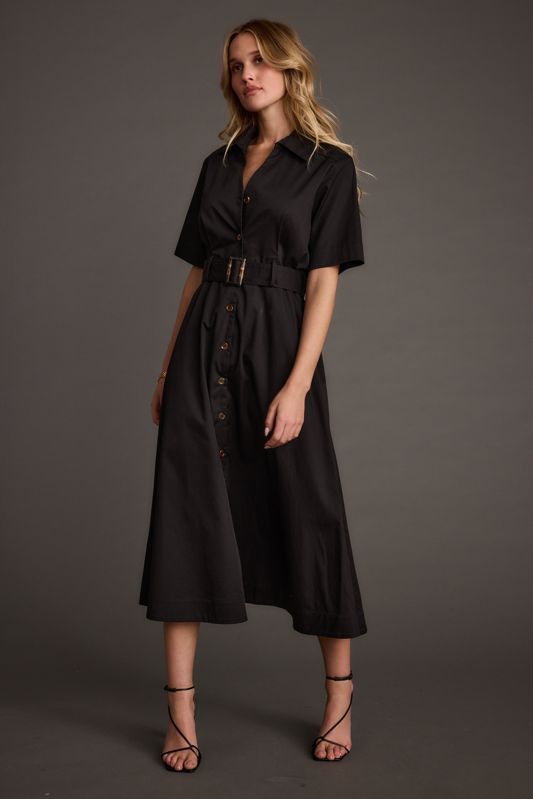 Leena Black Button Front Belted Midi Dress