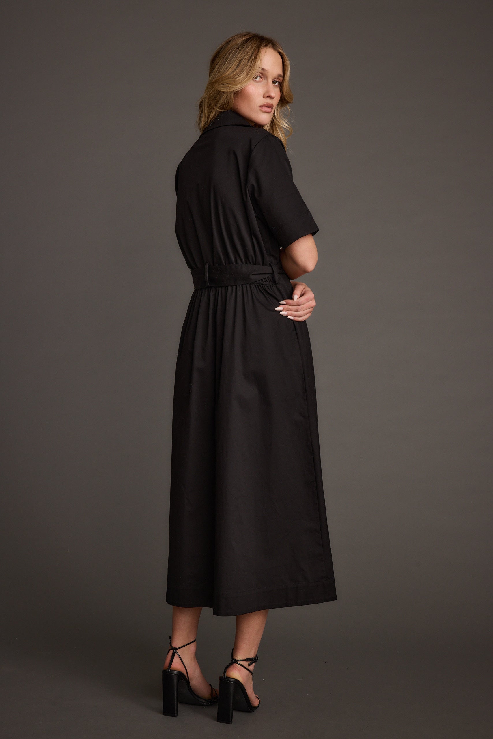 Leena Black Button Front Belted Midi Dress – 12th Tribe