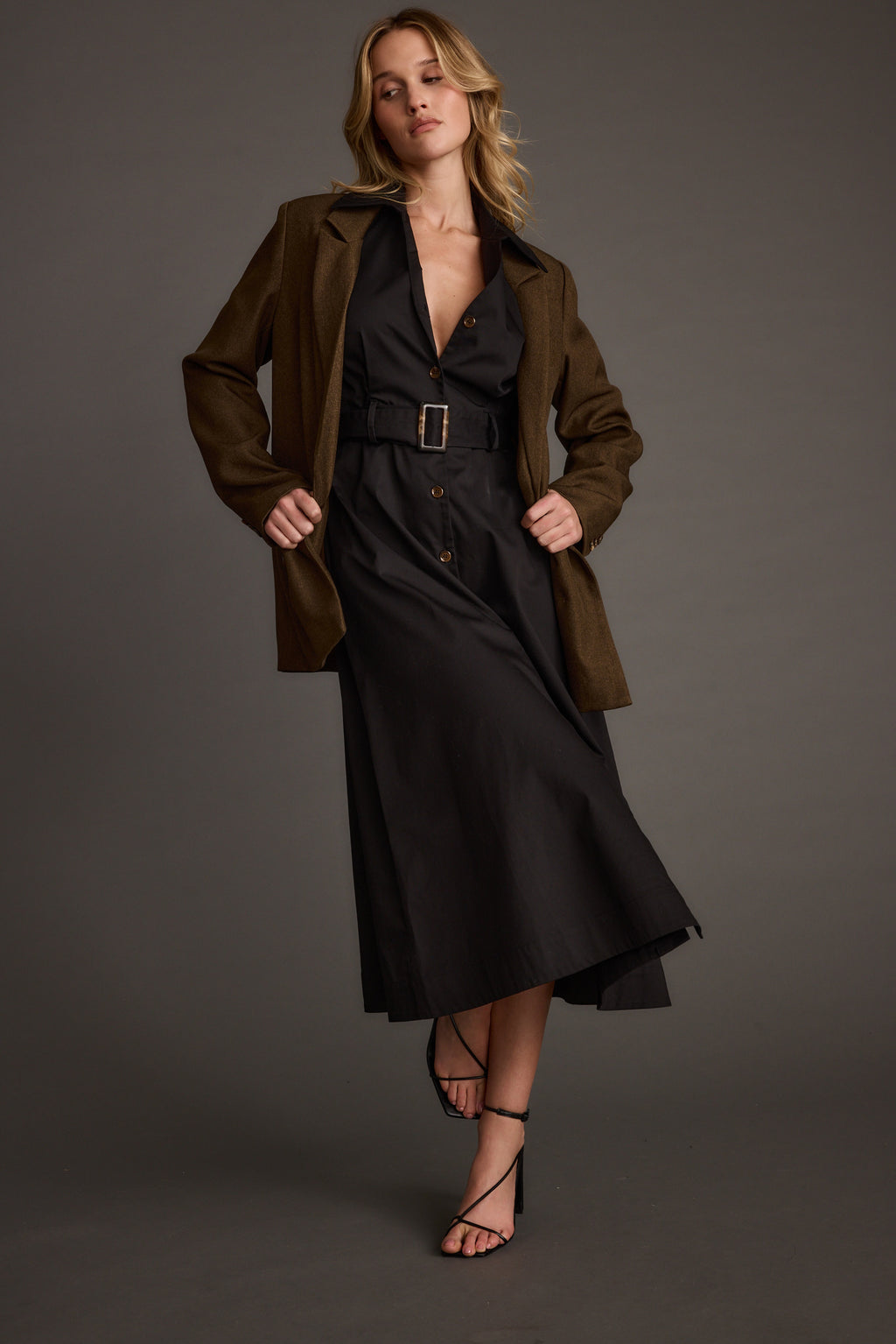 Leena Black Button Front Belted Midi Dress | 12th Tribe Leena Black Button Front Belted Midi Dress | 12th Tribe