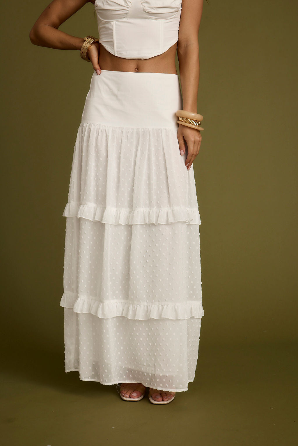 Liana White Low Rise Maxi Skirt