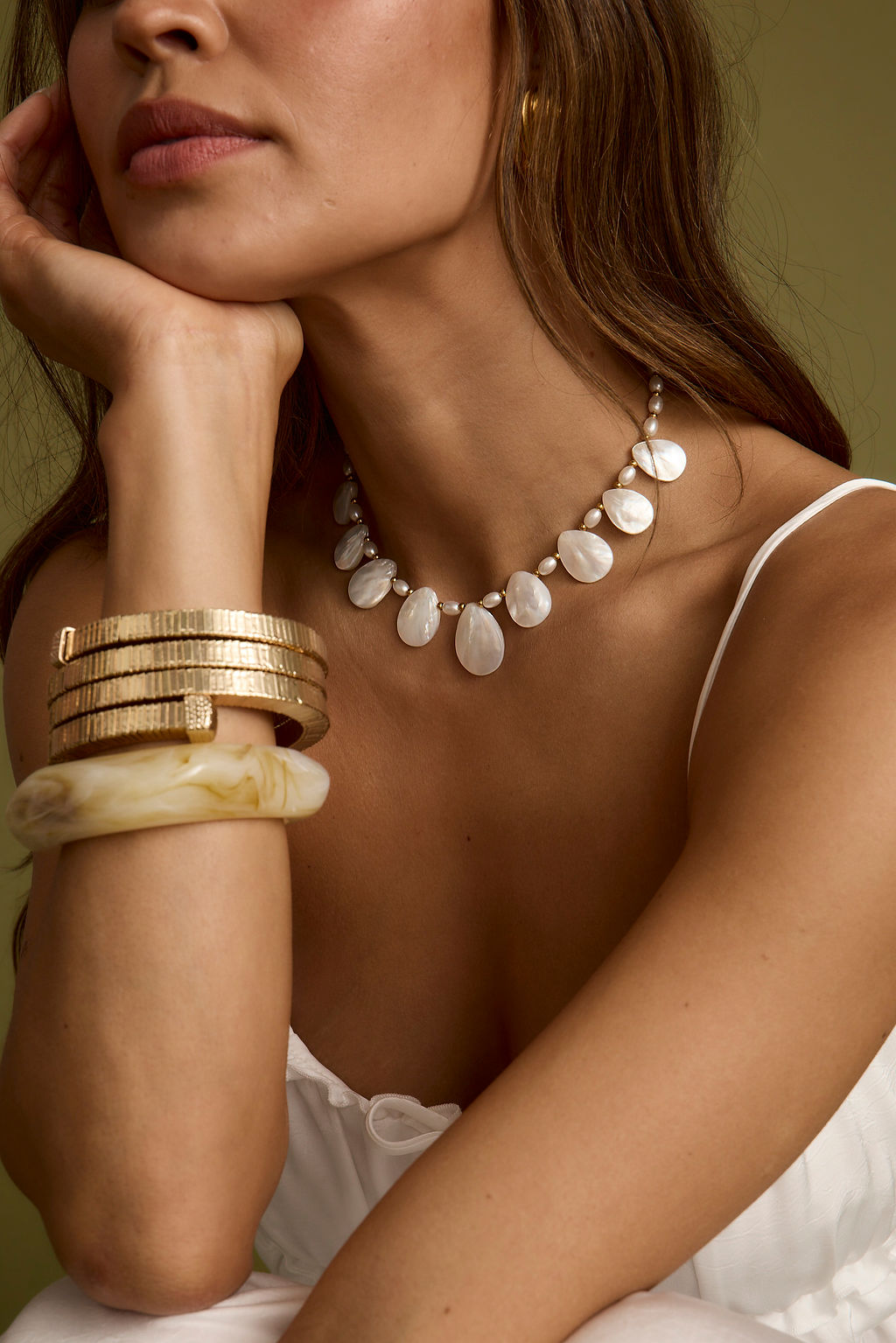 Soft Whispers Shell Choker Necklace shown as part of a styled outfit ensemble.