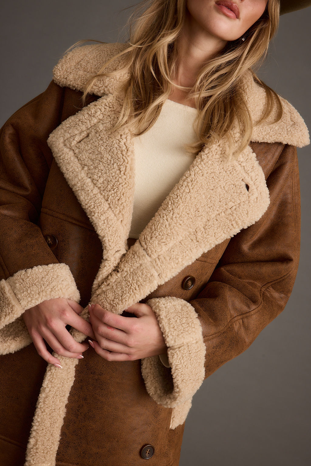 Detail shot of the Livingston Brown Sherpa Coat highlighting the design elements.