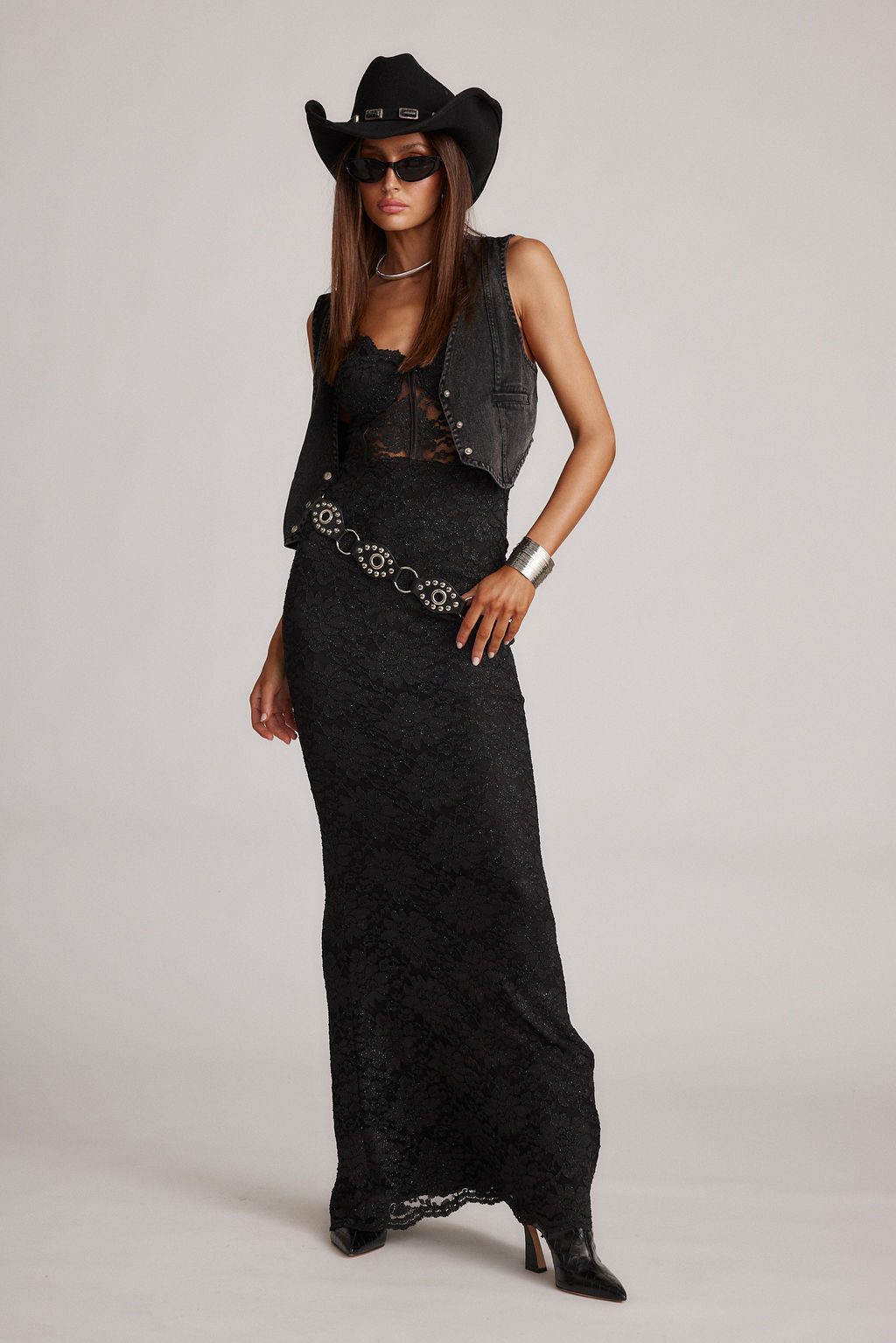 lace western dress Lizette Black Lace Maxi Gown
