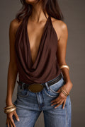 Close-up of espresso brown cowl-neck bodysuit draped neckline with jeans
