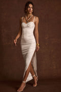 Satin maxi dress with accents and a flattering silhouette.