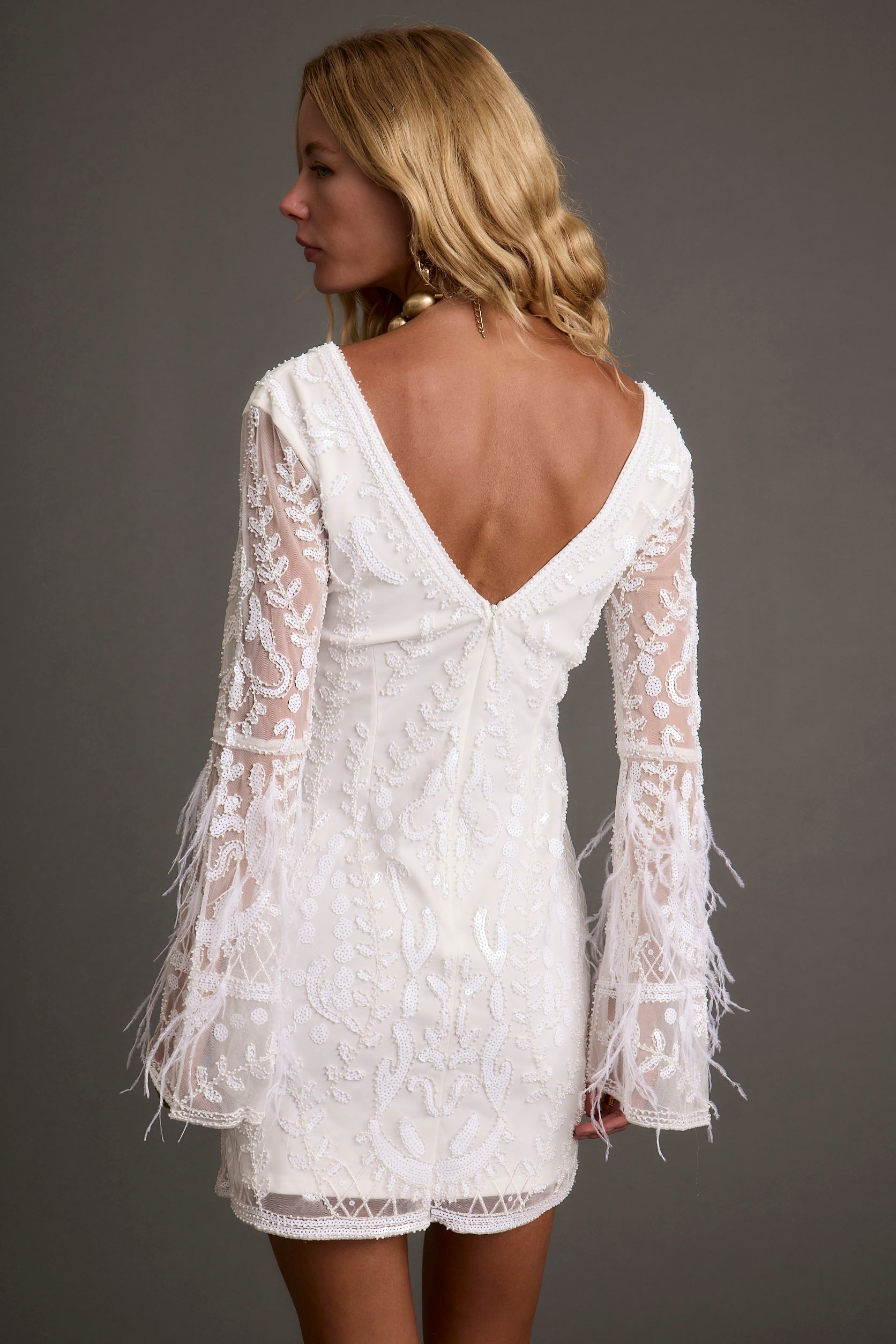 Larisa White Printed Sequin Long Sleeve Dress