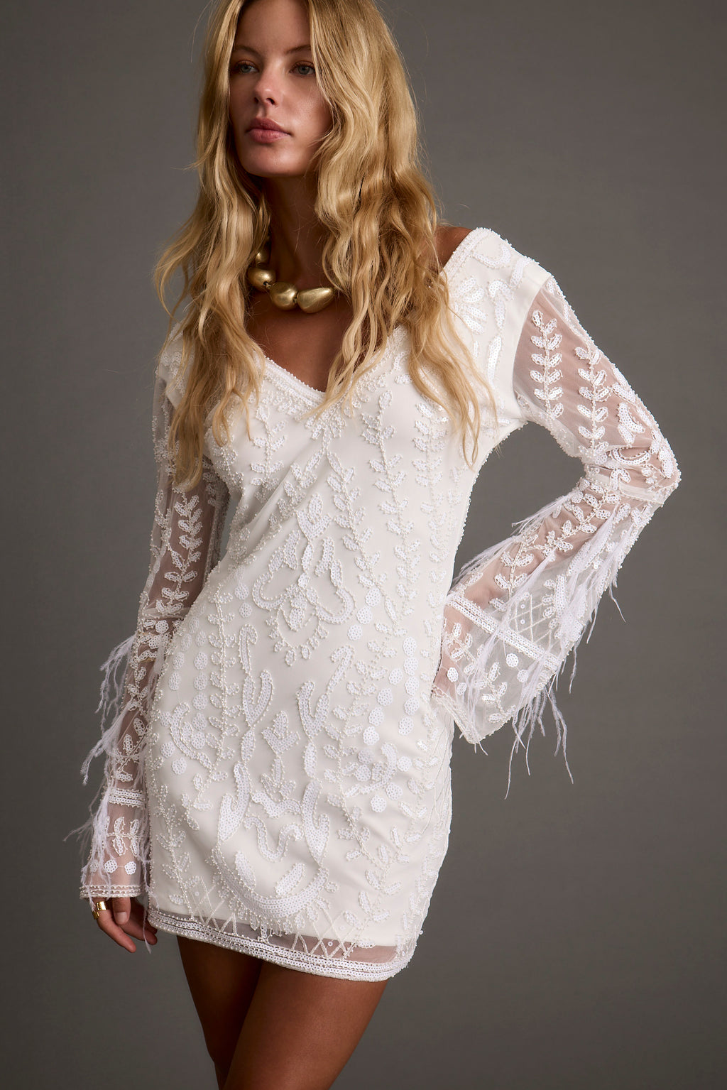 Larisa White Printed Sequin Long Sleeve Dress - L Size - Women's Dresses