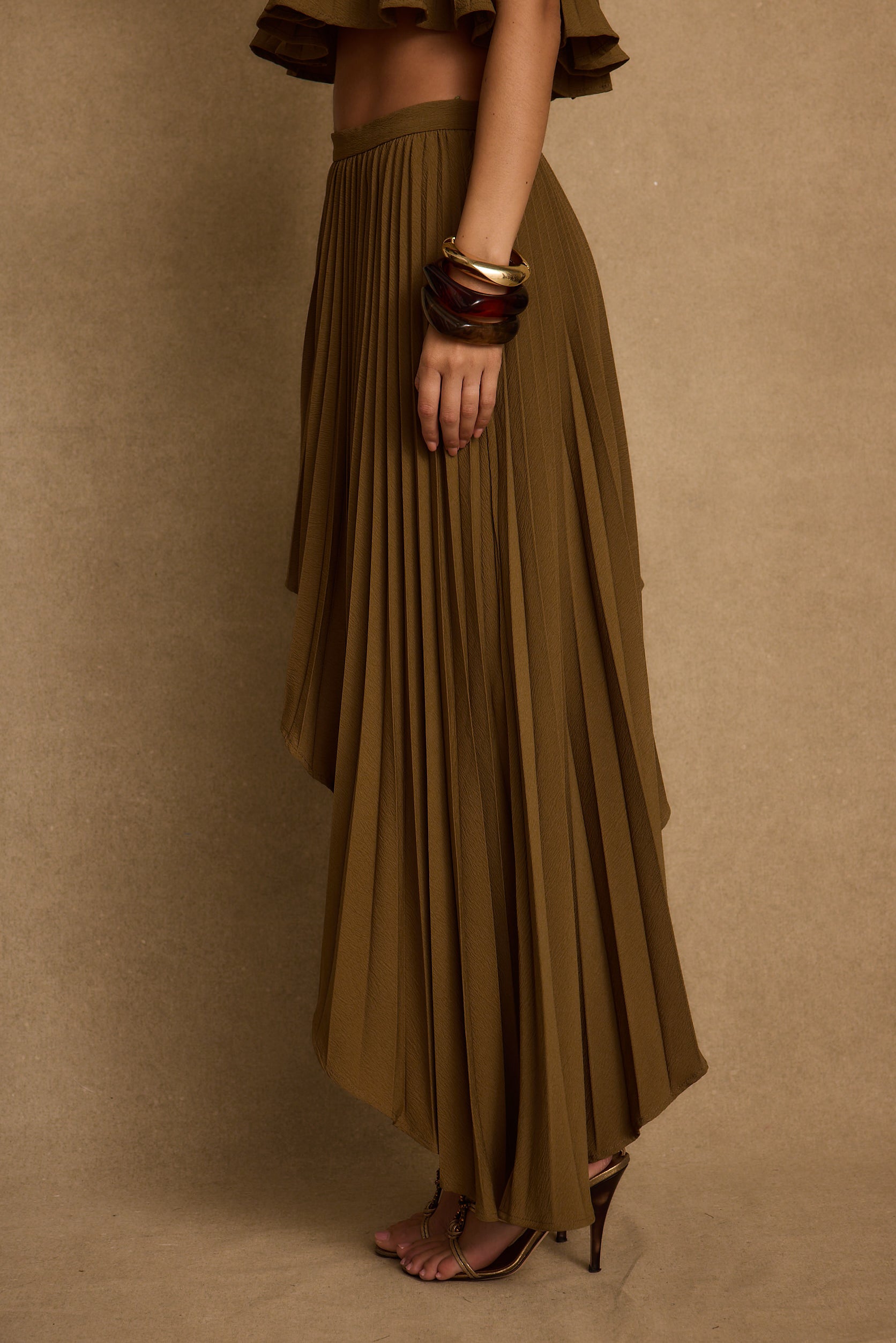 Lima Olive Asymmetrical Midi Skirt