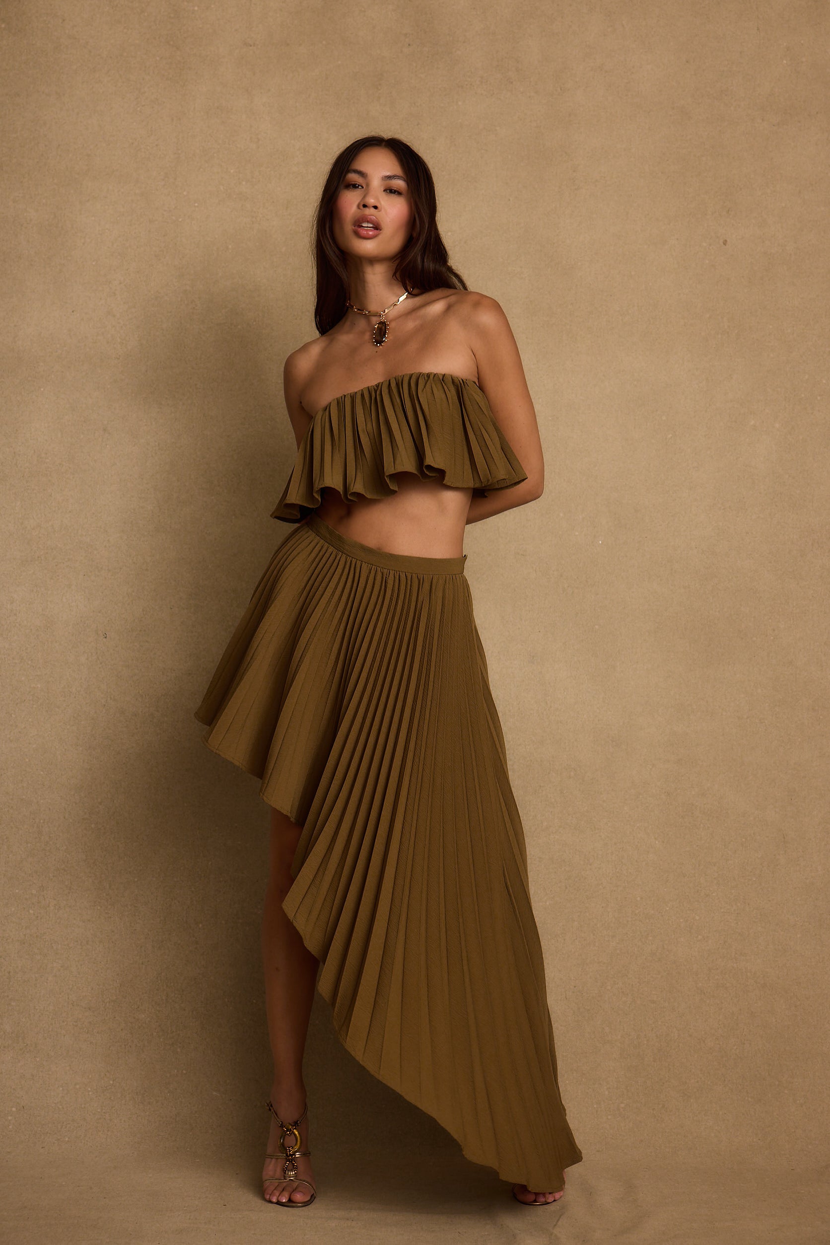 Lima Olive Asymmetrical Midi Skirt