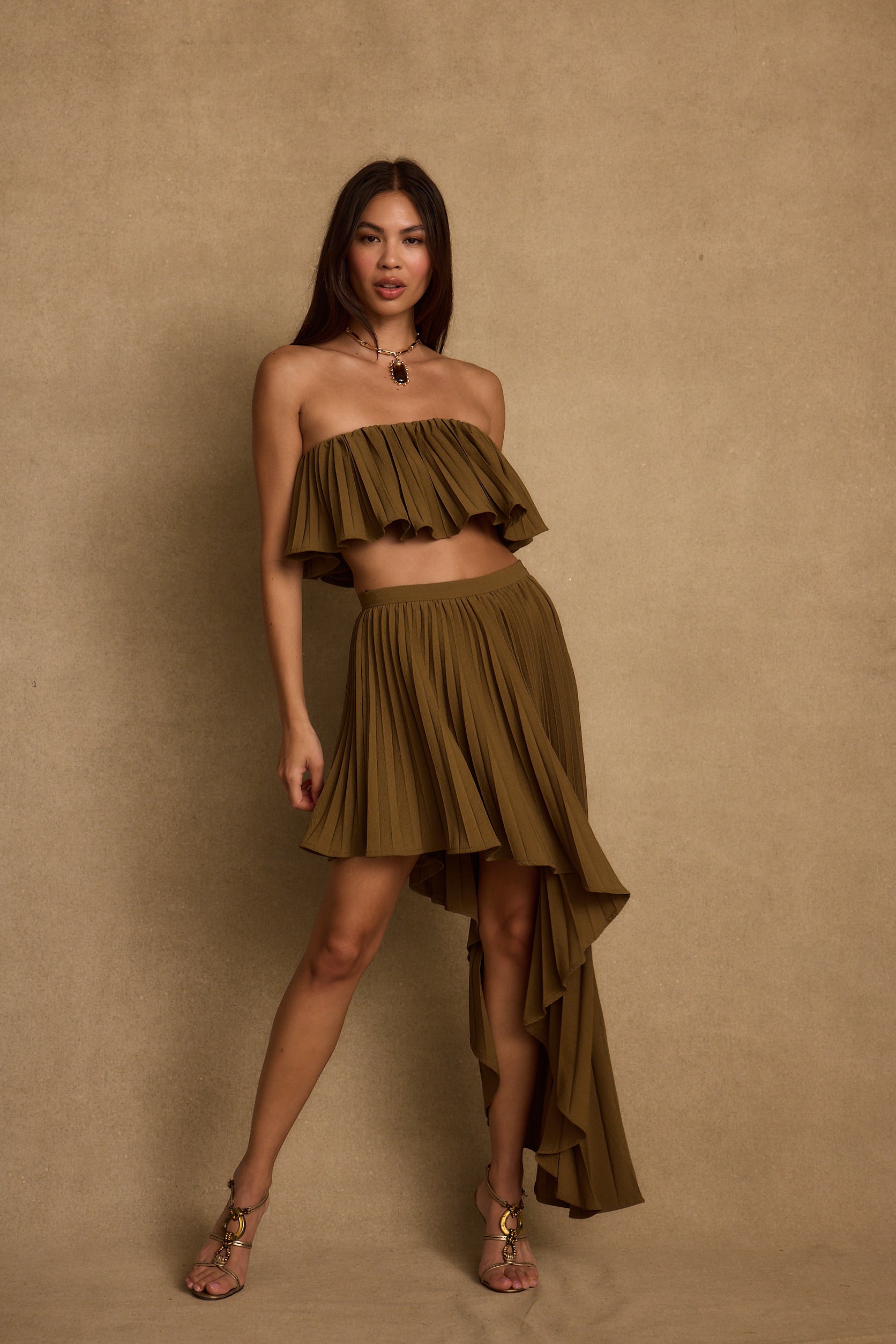 Lima Olive Asymmetrical Midi Skirt