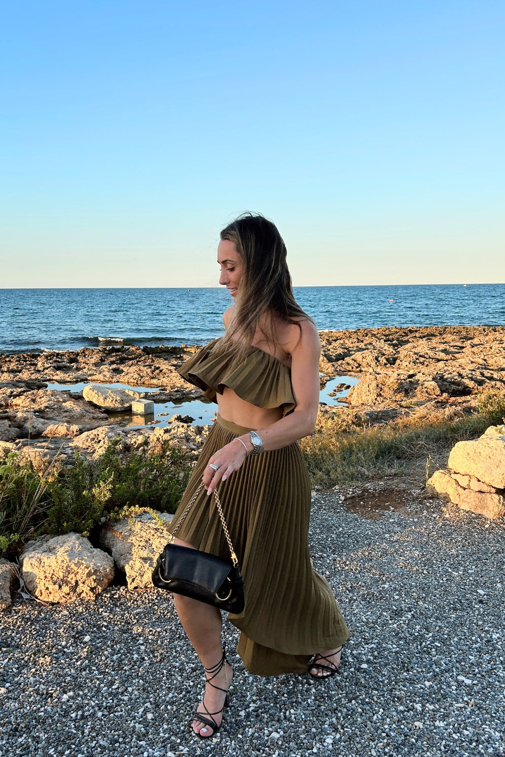 Lima Olive Asymmetrical Midi Skirt