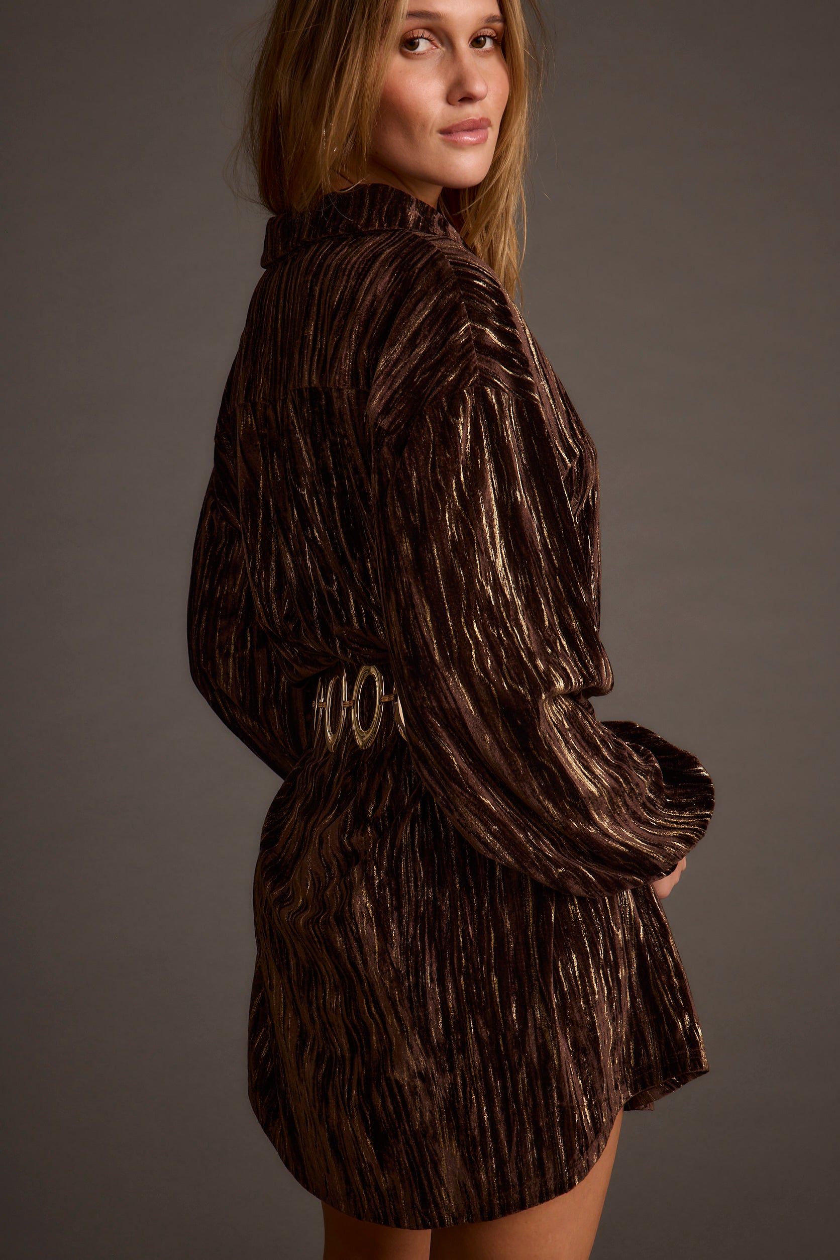 Close-up of the Loretta Espresso Velvet Mini Dress showcasing the velvet texture and craftsmanship.