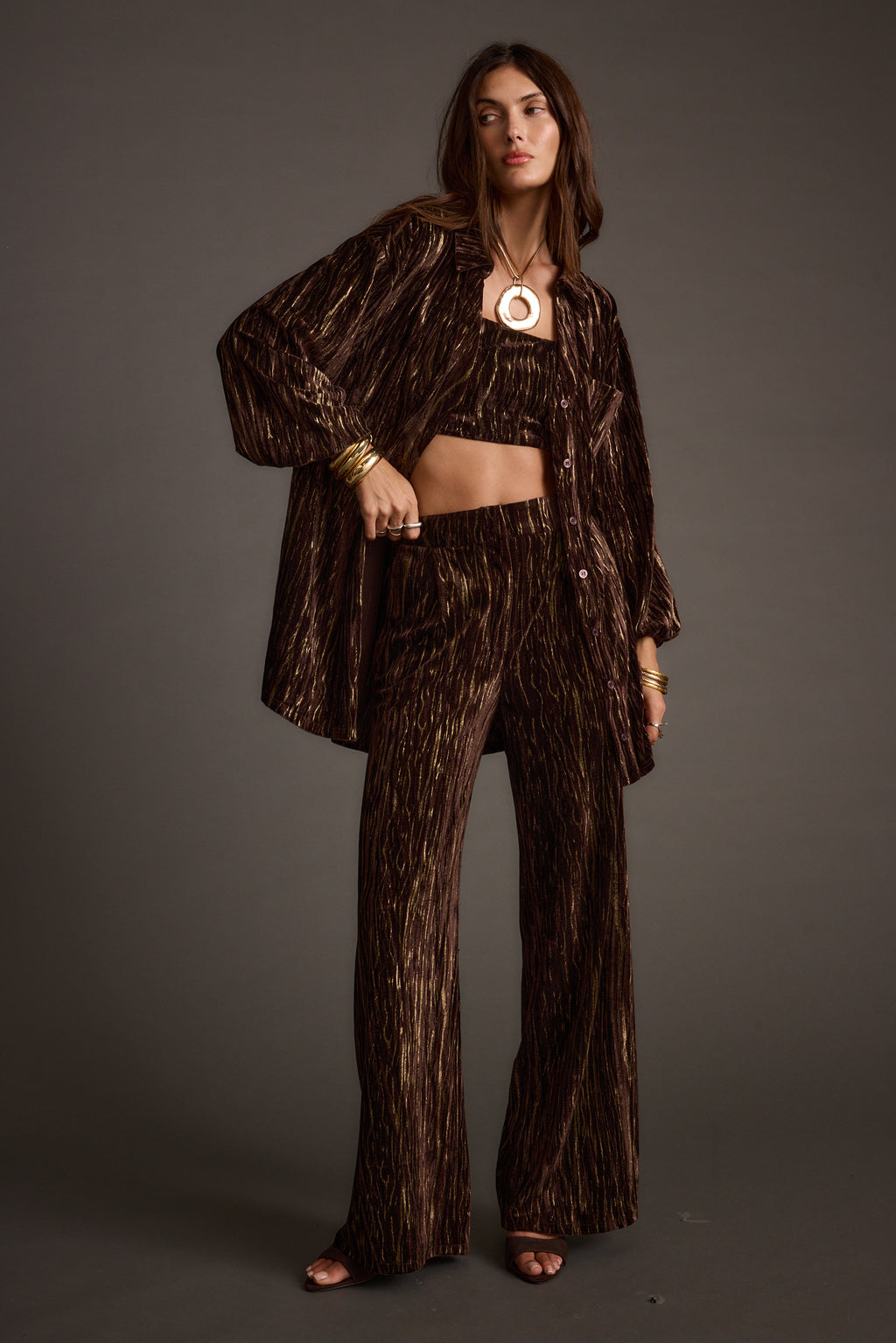 Rhea Espresso Velvet Trousers - M Size - Women's Pants