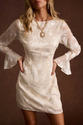 Ivory floral mini dress with sheer bell sleeves and textured rose embroidery on model.