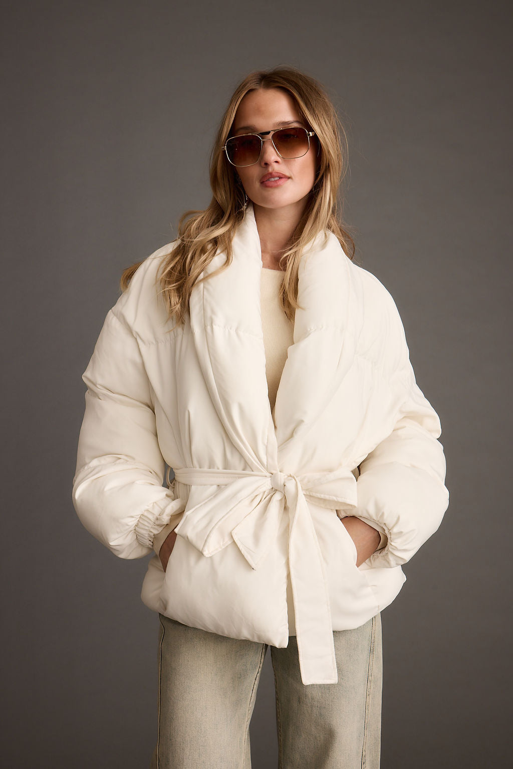 Maverick White Belted Puffer Coat