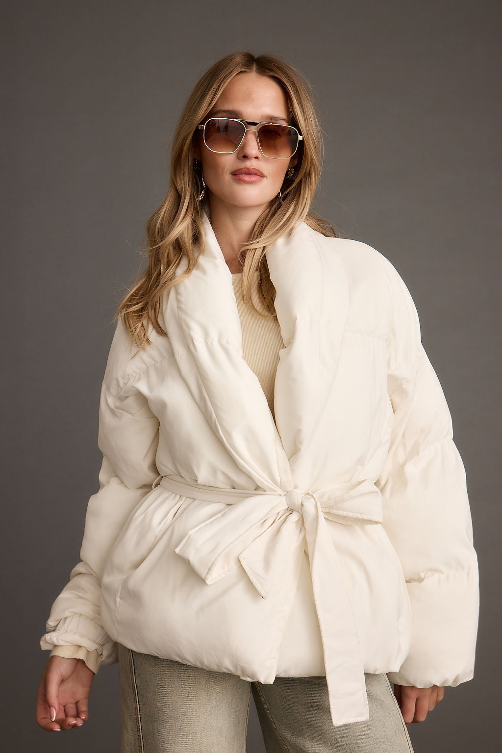 Maverick White Belted Puffer Coat