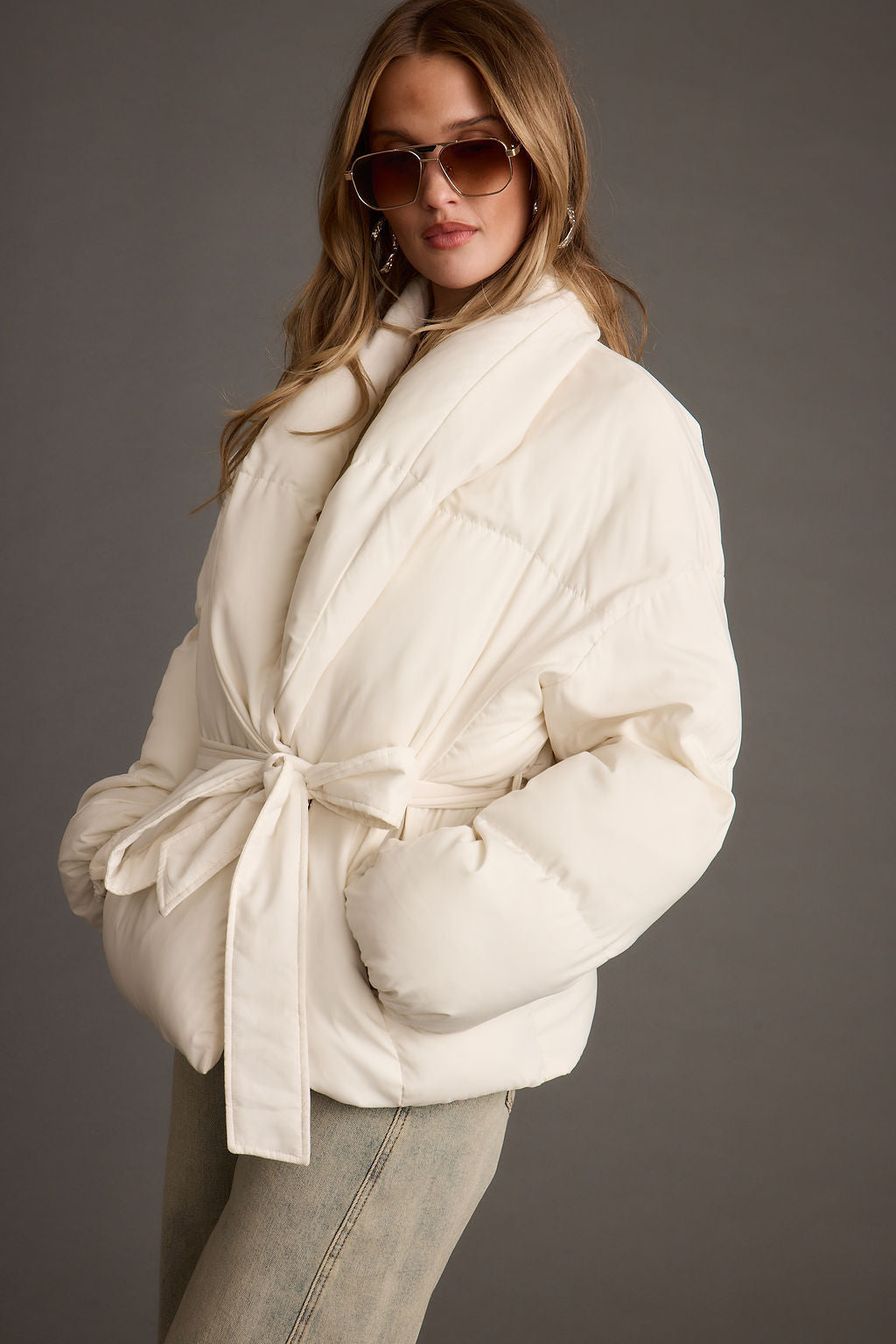 Maverick White Belted Puffer Coat paired with complementary accessories for a polished look.