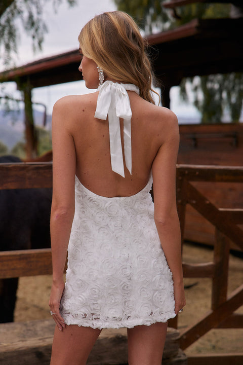 Gray Embroidery White Flower Bow Halter Mini Dress