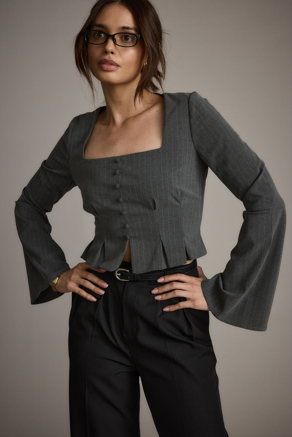 McGrath Grey Pinstripe Long Sleeve Top