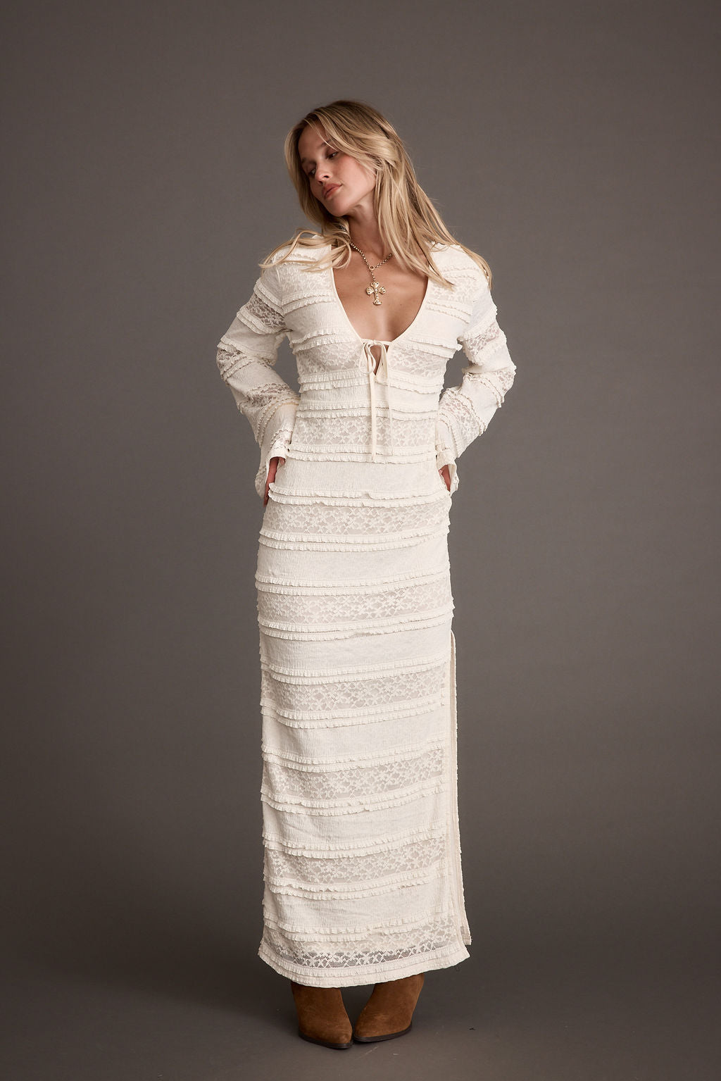 Melrose Ivory Long Sleeve Lace Maxi Dress