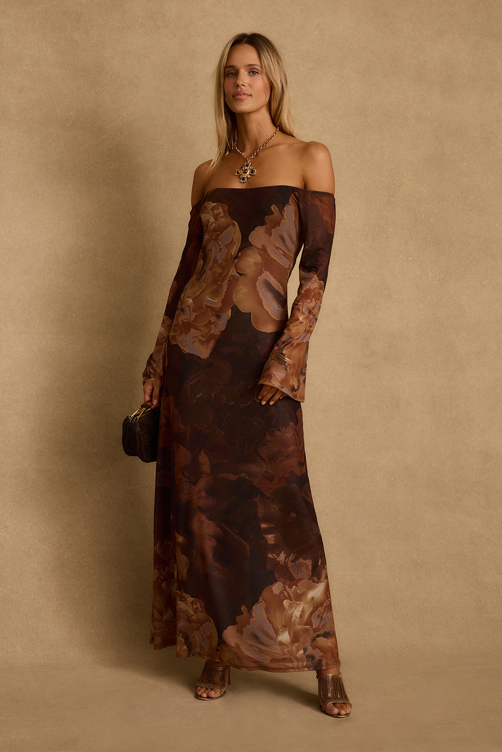 Merritt Mocha Floral Mesh Maxi Dress