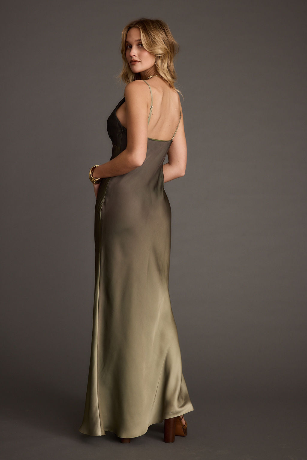 Product view of the Mirabella Olive Satin Ombre Maxi Dress showcasing versatility and wearability.