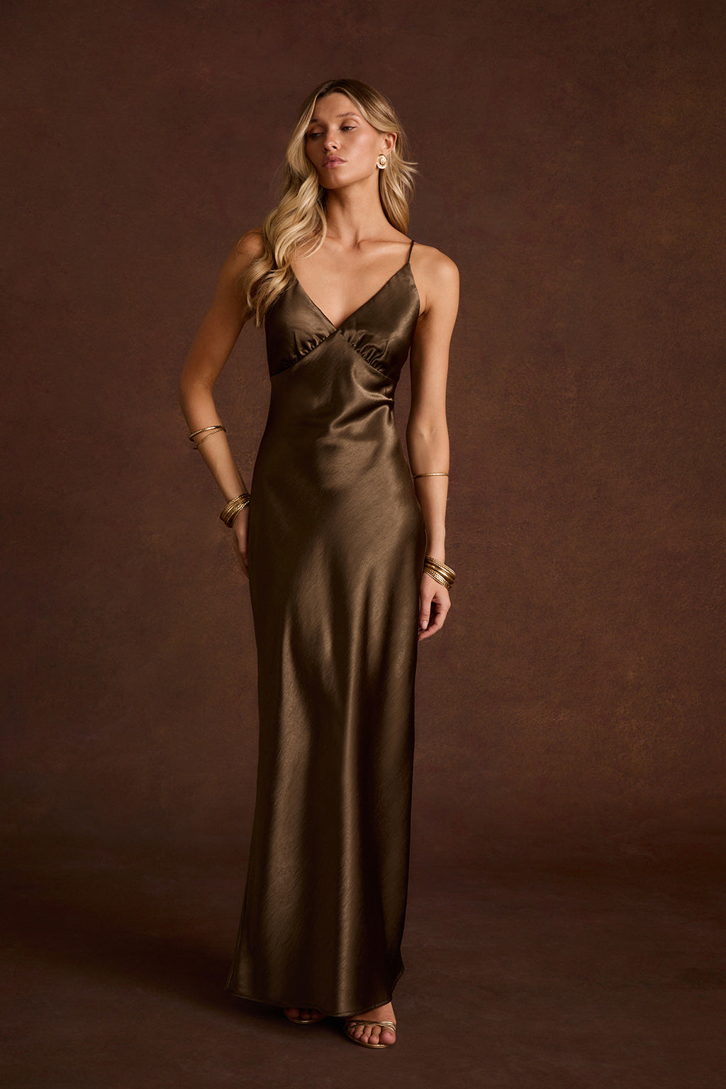 truffle brown bridesmaid dresses Mirabella Satin Maxi Dress - L Size - Women's Made in Europe Red Flutter Sleeve Satin Size:s/m and all the colors