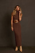 Sweater dress in cinnamon rib knit with sleeveless turtleneck and floor-length fit, belted