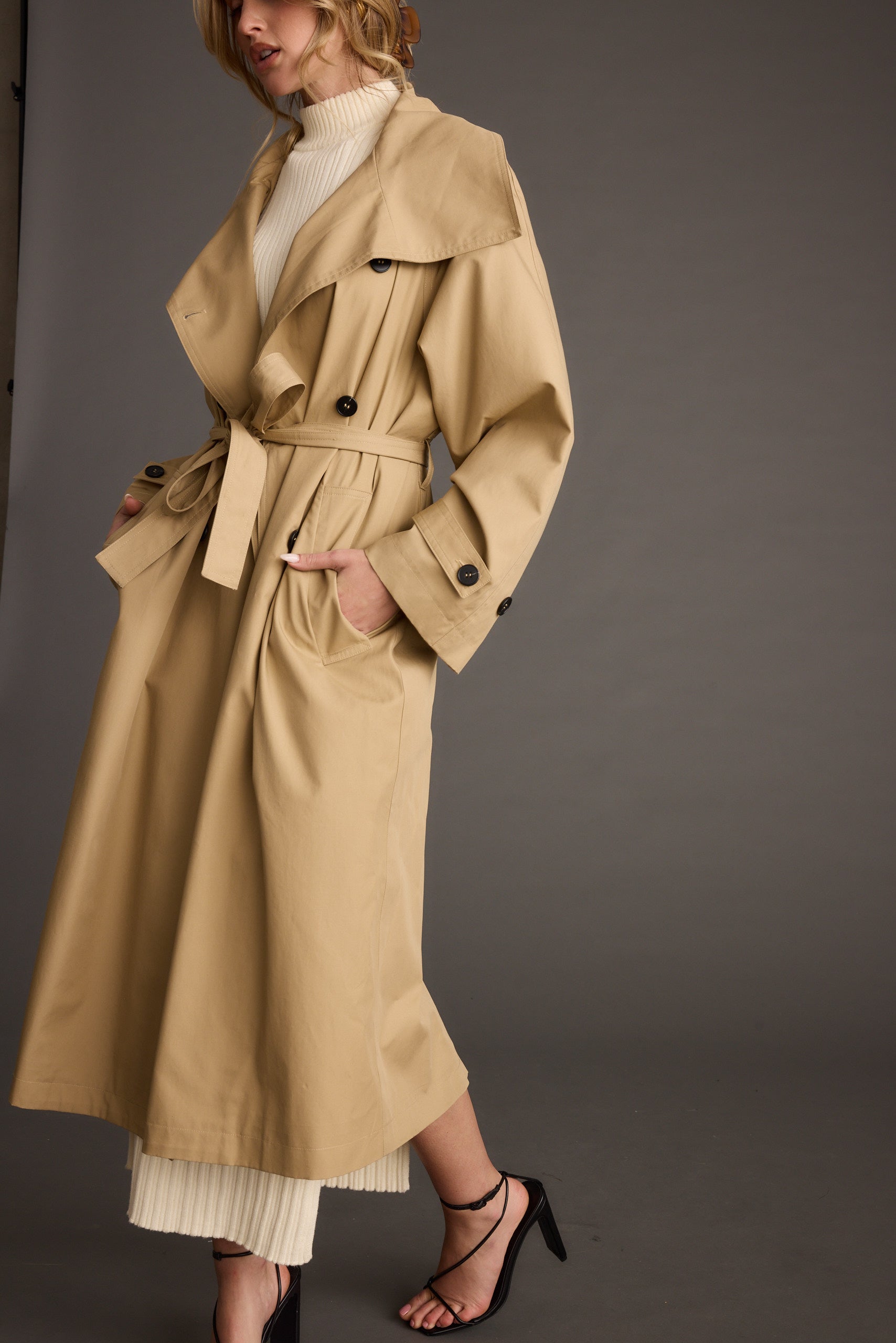 trench coat midi dress Downtown Diva Belted Trench Coat Midi Dress - Khaki