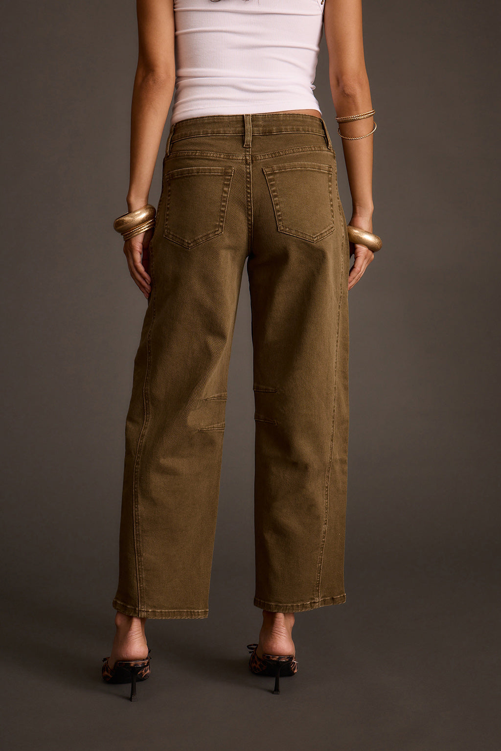 Women's olive brown wide-leg barrel jeans, back view