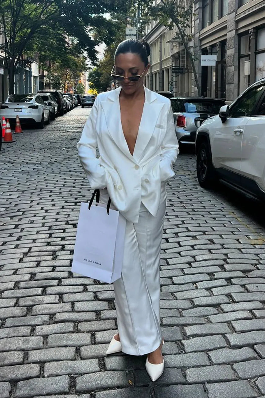 Madison White Satin Blazer styled in a complete look from an alternate angle.