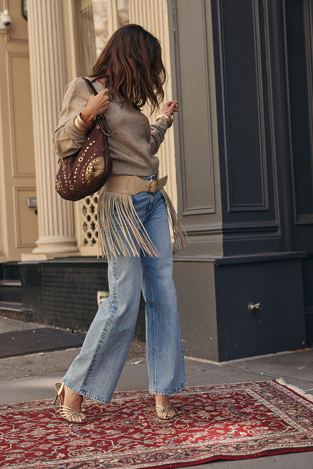 Urbana Camel Faux Suede Fringe Belt