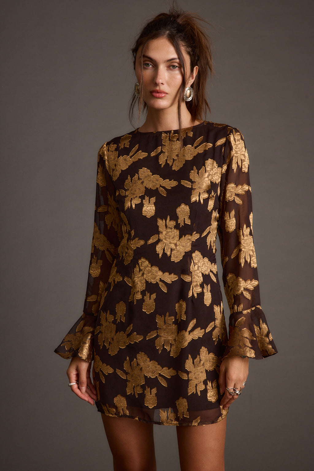 Marissa Gold and Black Floral Mini Dress - M Size - Women's Dresses - 12th Tribe Marissa Gold and Black Floral Mini Dress - M Size - Women's Dresses - 12th Tribe