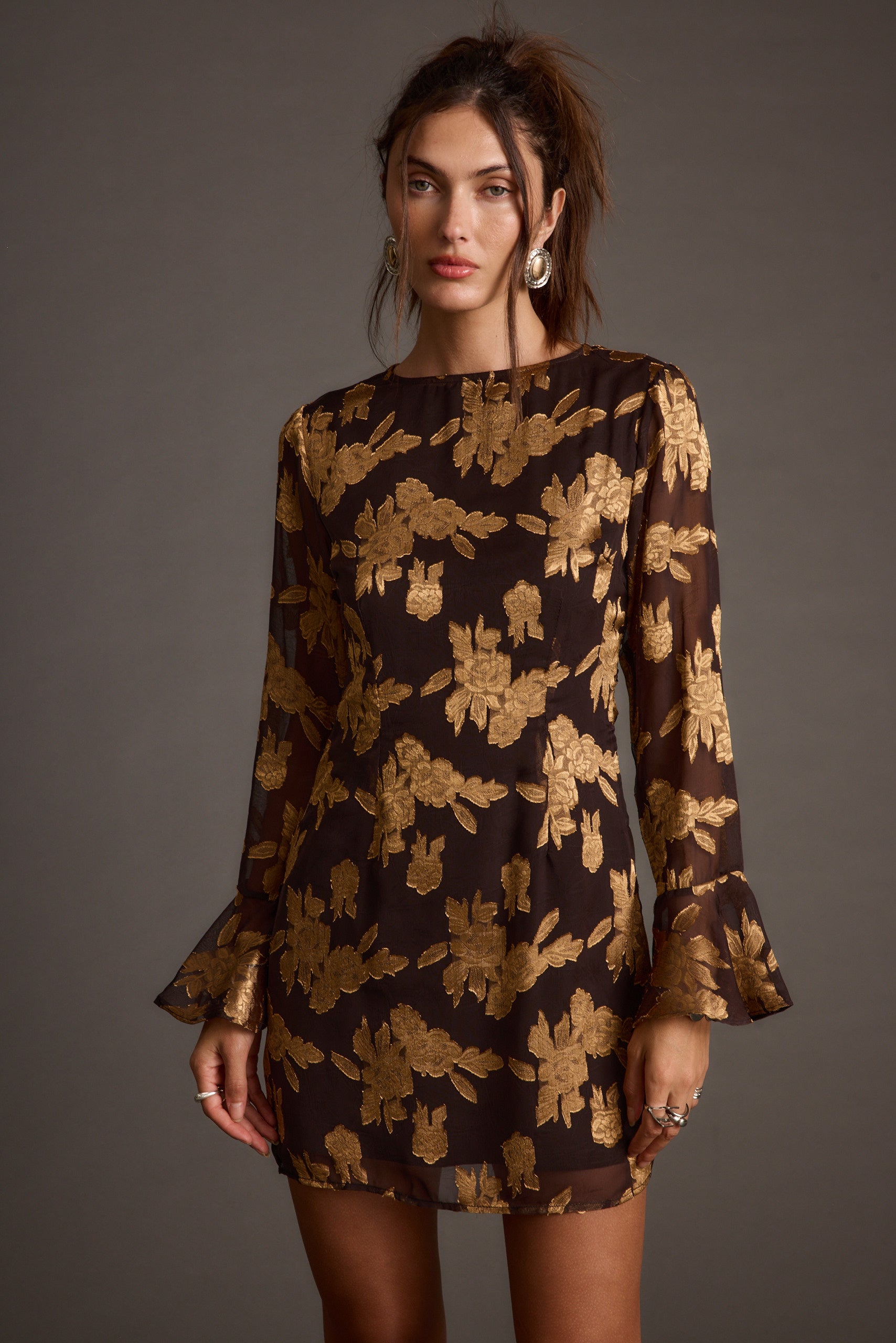Marissa Gold and Black Floral Mini Dress - M Size - Women's Dresses - 12th Tribe Marissa Gold and Black Floral Mini Dress - M Size - Women's Dresses - 12th Tribe
