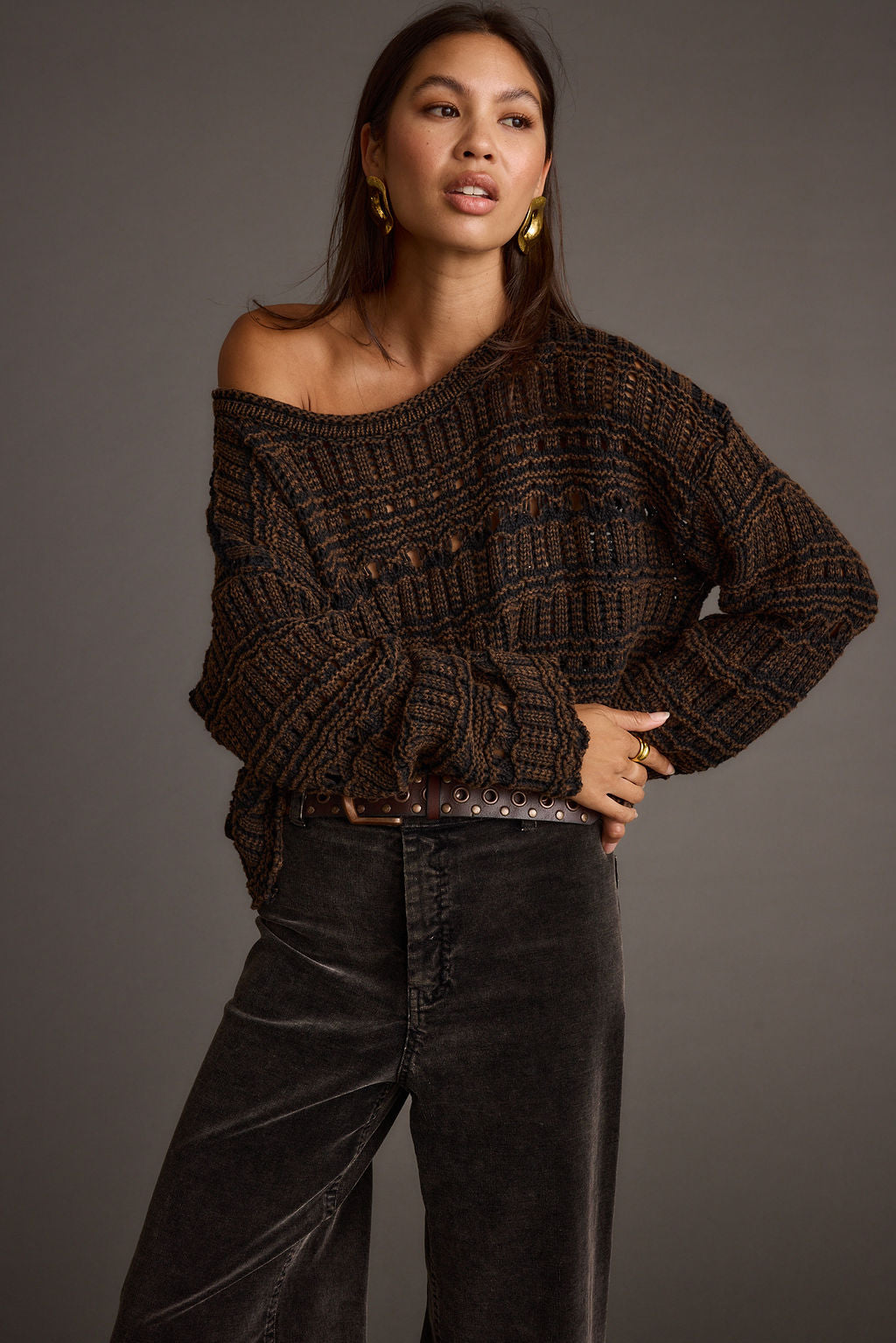 Close-up of the Marley Brown Open Knit Relaxed Sweater showcasing the knit texture and craftsmanship.