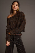 Brown knit sweater with knit detailing and a flattering silhouette.