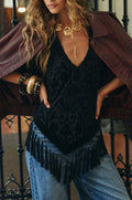 Women's halter top front view showing burnout velvet damask pattern and handkerchief shape
